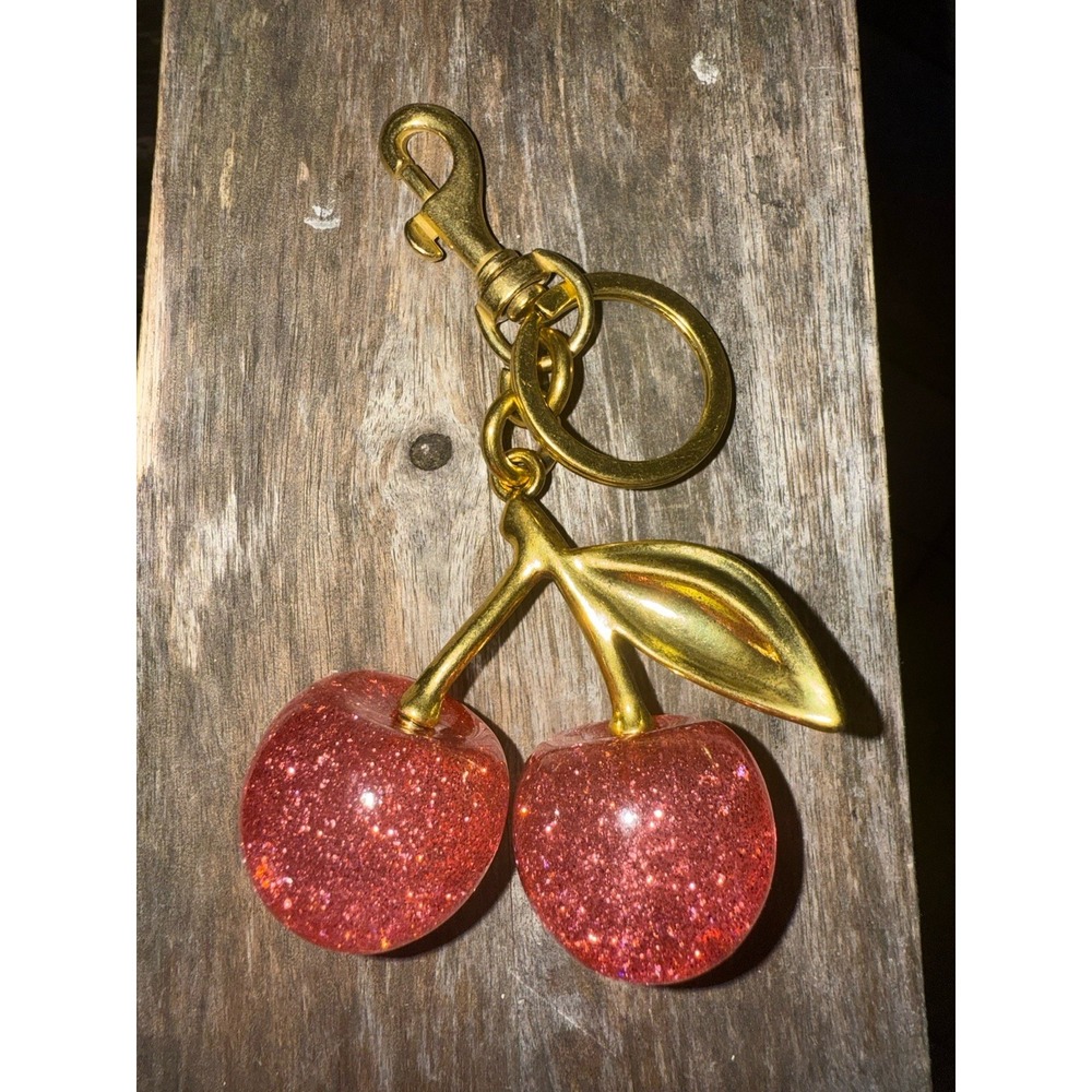 Cherry Bag Charm KeyChain‎ Glitter resin and Gold Brass Pink Cherry Bag Chain